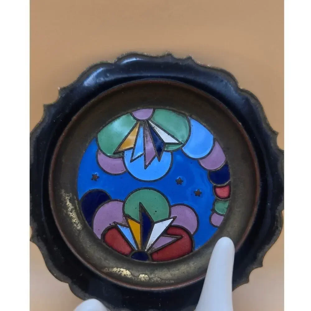 Art Deco Brass Trinket Trey With Enamel Flower Pattern Pre-loved